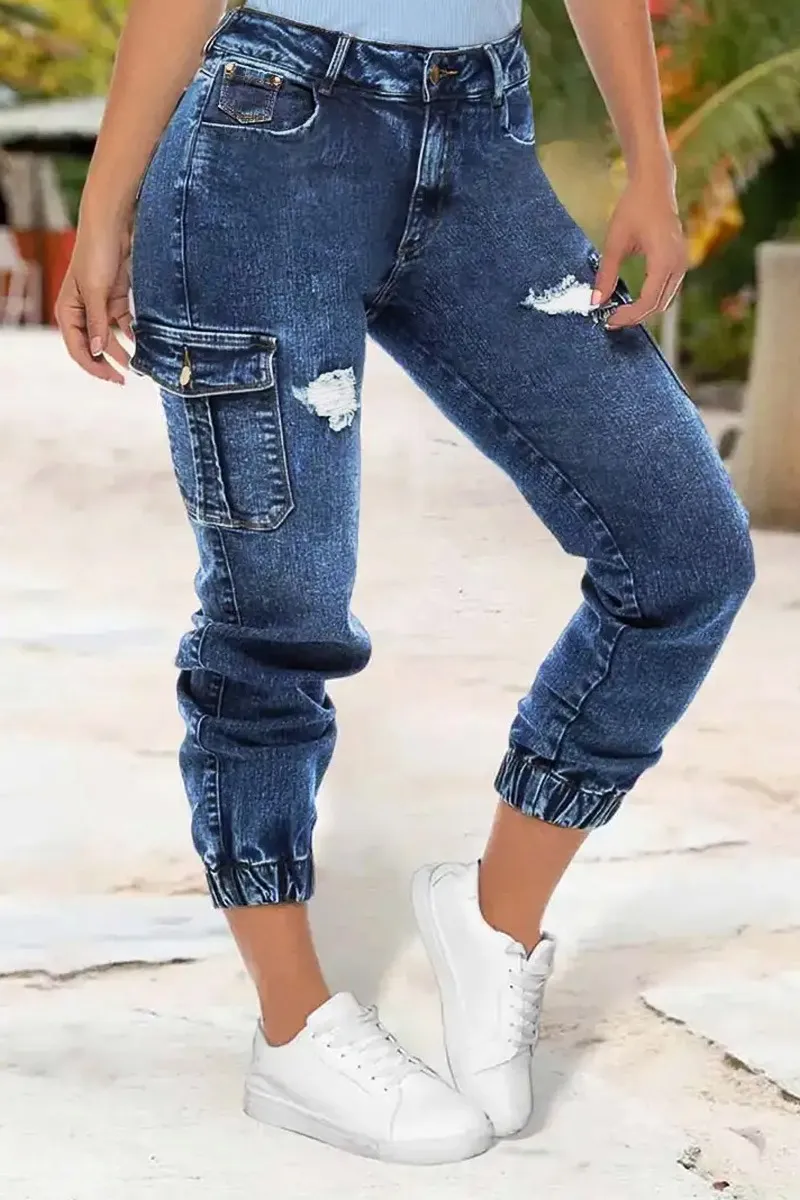 Wash Ripped Flap Pocket High Rise Cargo Jeans