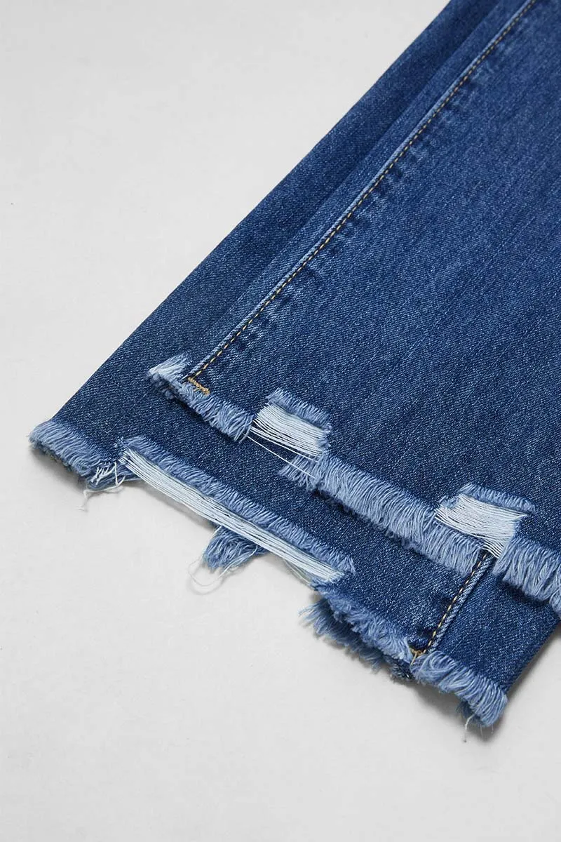 Ripped Raw Hem Mid Rise Straight Leg Cropped Jeans