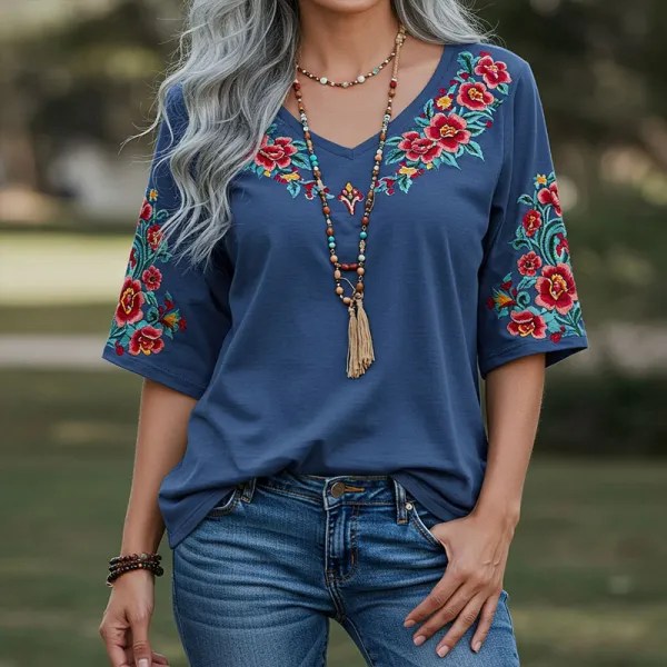 Women's Bohemia Ethnic Print Style Line Loose T-shirt