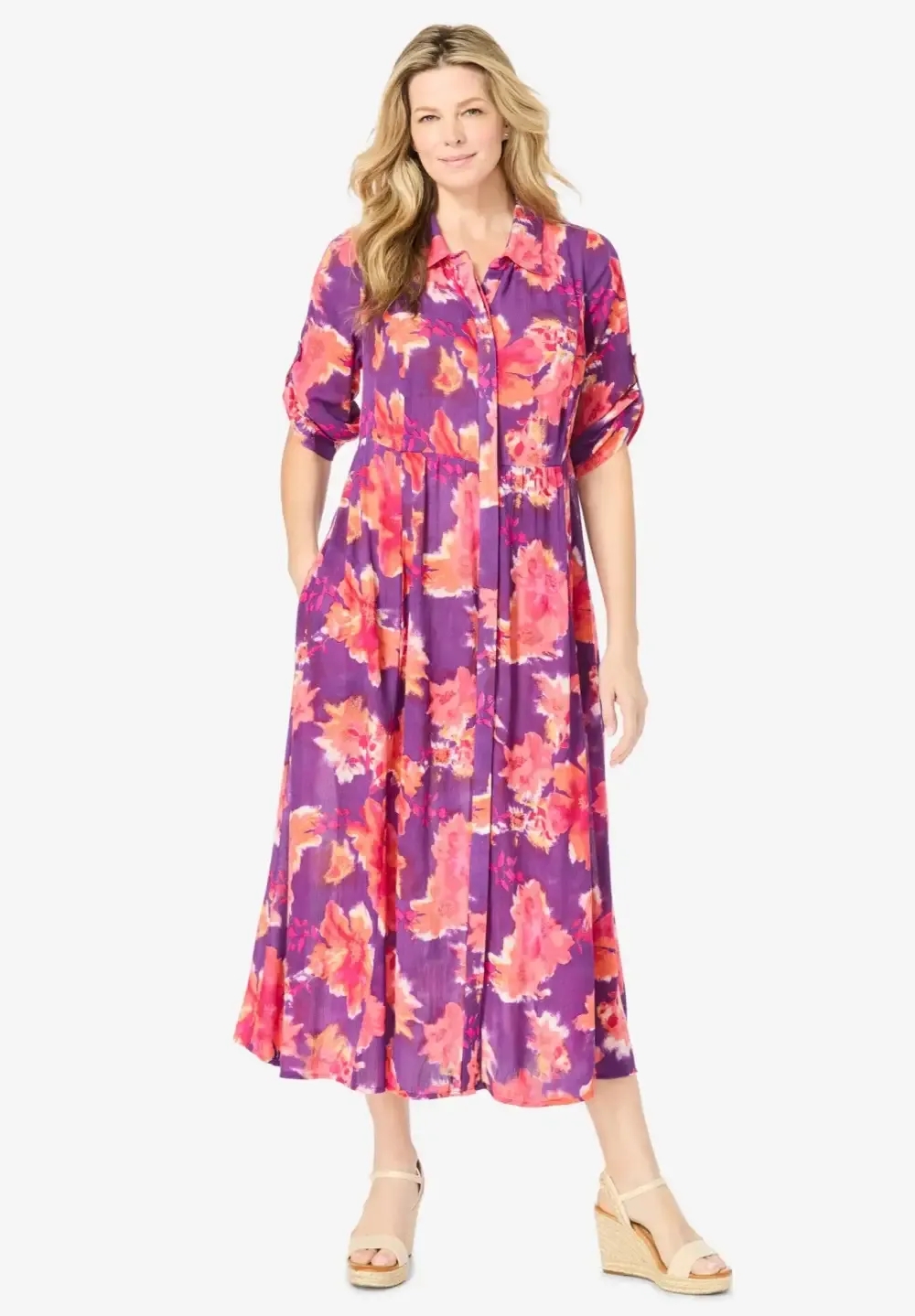 Roll-Tab Sleeve Crinkle Shirtdress