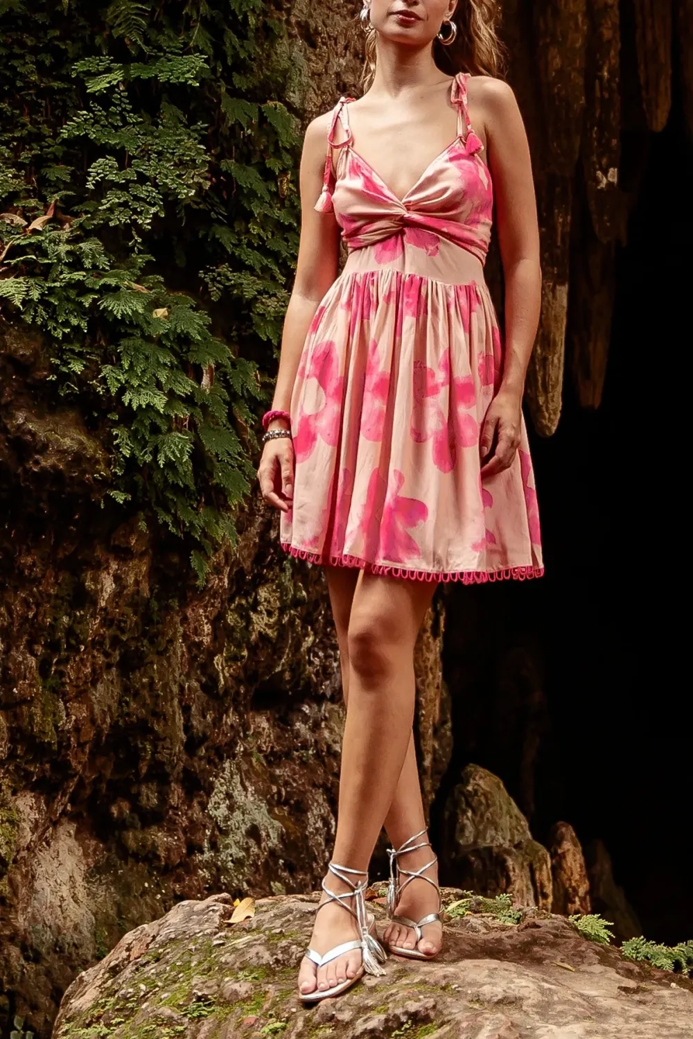 Pink And Red Floral Print Knot Front Mini Dress