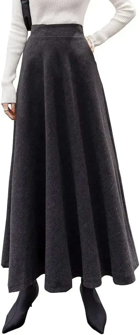 Women's Winter Elegant Warm Long Skirt Wool Maxi Skirts Elastic Waist A-Line High Waist Plaid Pleated Skirt S-3XL