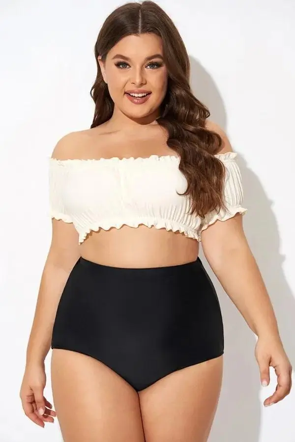 Retro White Ruffles Bardot Sleeves Bikini Top
