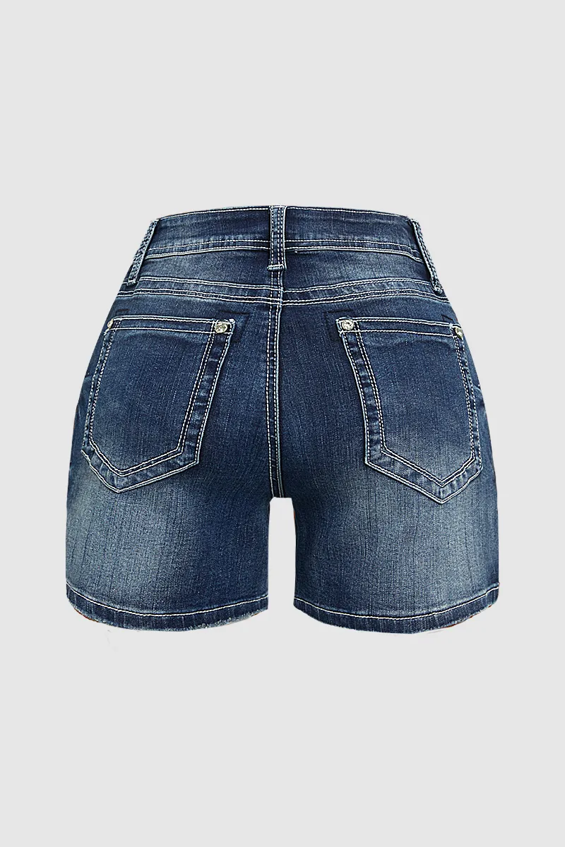 Wash Ripped Roll Hem Mid Rise Denim Shorts