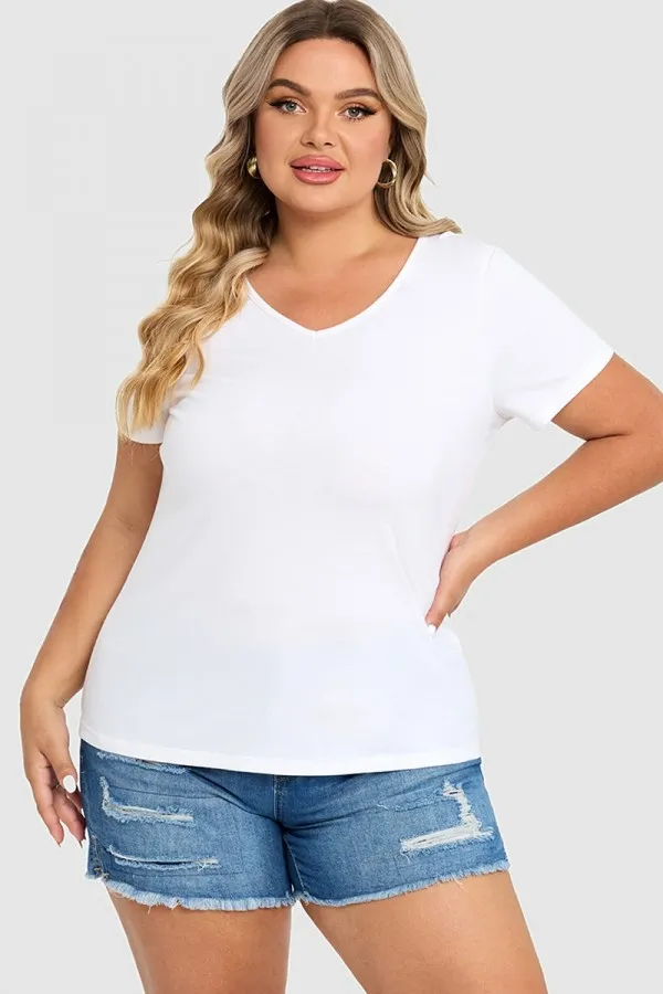 Plus Size White Short Sleeve Basic V-Neck Top