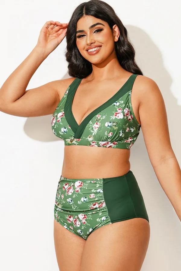 Army Green Flower Printed Women V-neck Fashionable Bikini Top