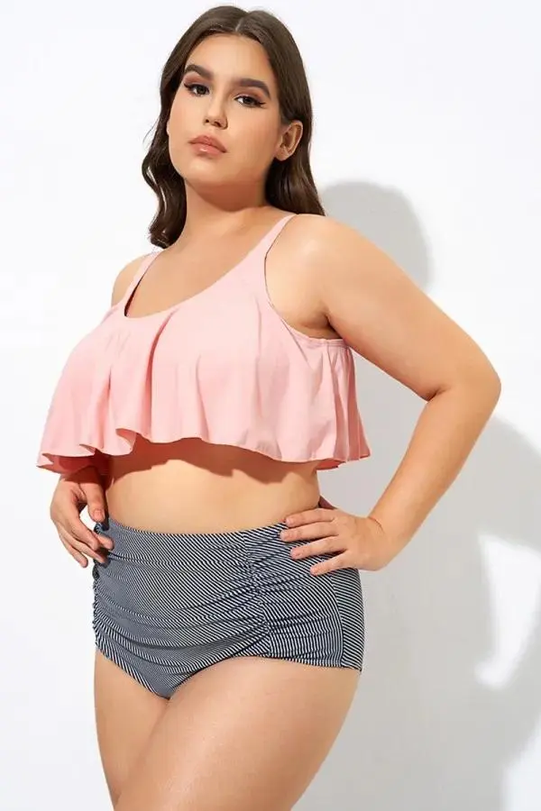 Flower Print Ruffle Scoop Neck Bikini Top