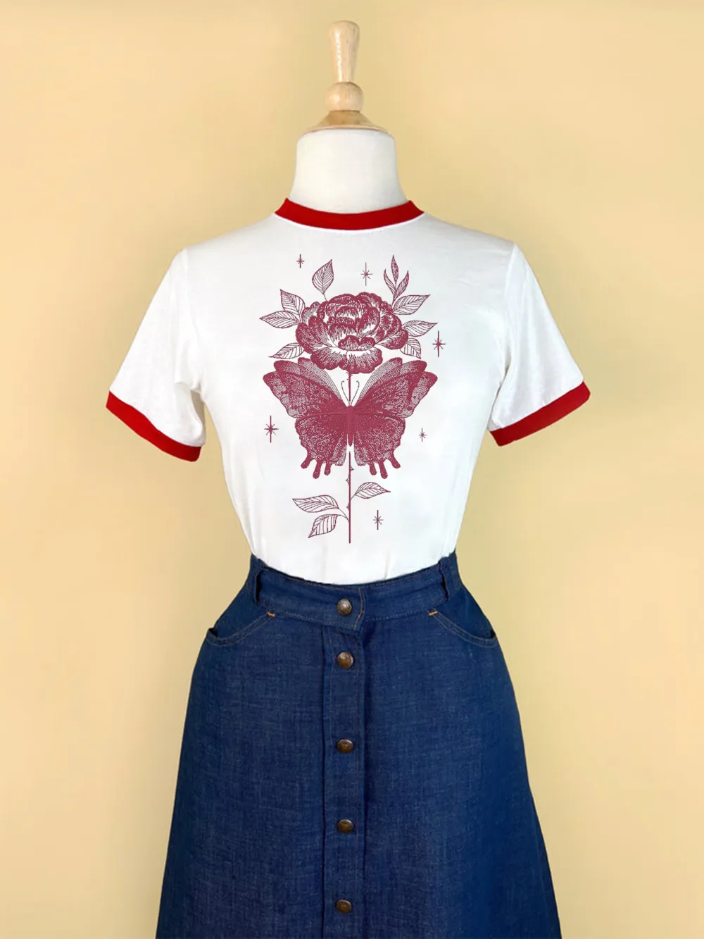 Butterfly With Flower Relaxed Ringer Tee In Red Edge