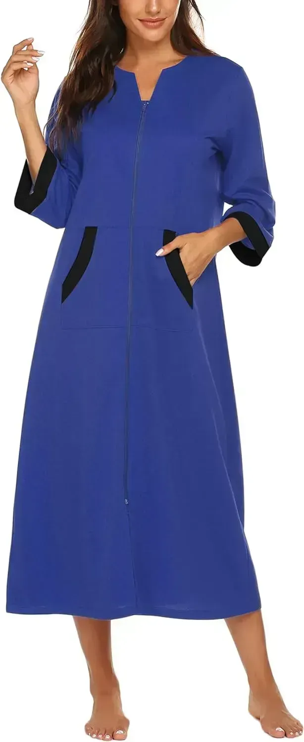 Women Zipper Robe 3/4 Sleeves Loungewear Dress Full Length Sleepwear Pockets Housecoat Nightgown Long Bathrobe