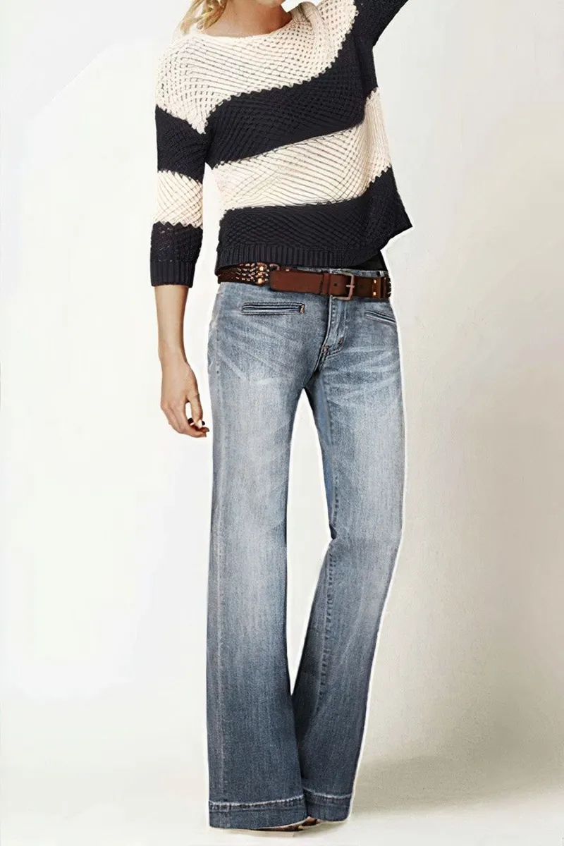 Washed Pocket Detail Low Rise Flare Jeans Without Belt