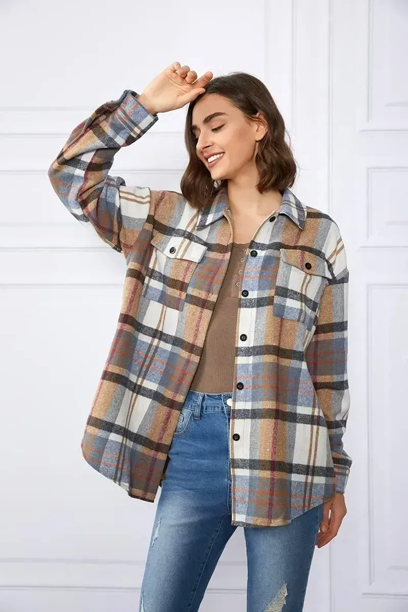 Womens Casual Plaid Shacket Button Down Long Sleeve Shirt