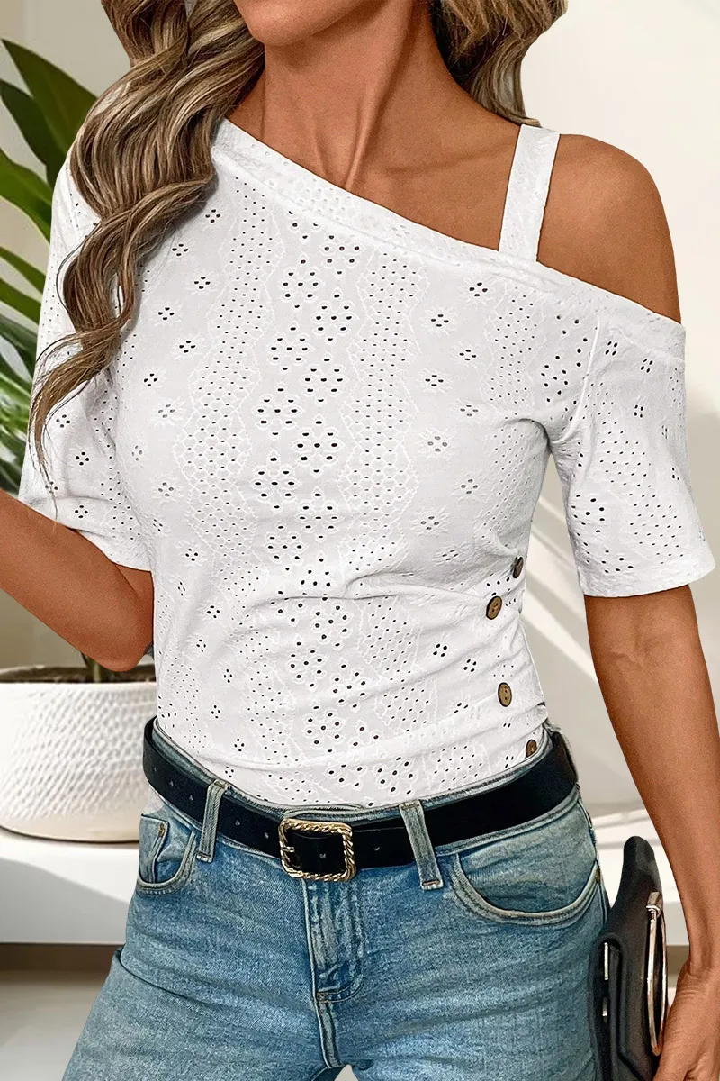 Solid Eyelet Embroidery Button Decor Asymmetrical Neck T-Shirt