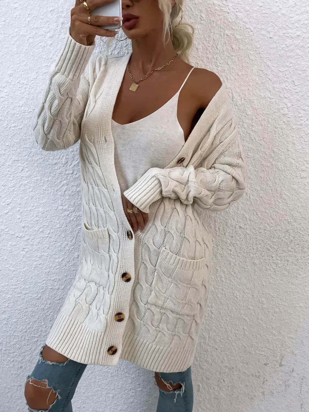 New long coat twist rope solid color cardigan sweater