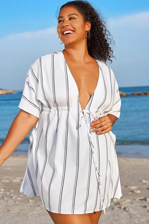 V-Neck Loose Retro Striped Drawstring Cover Up