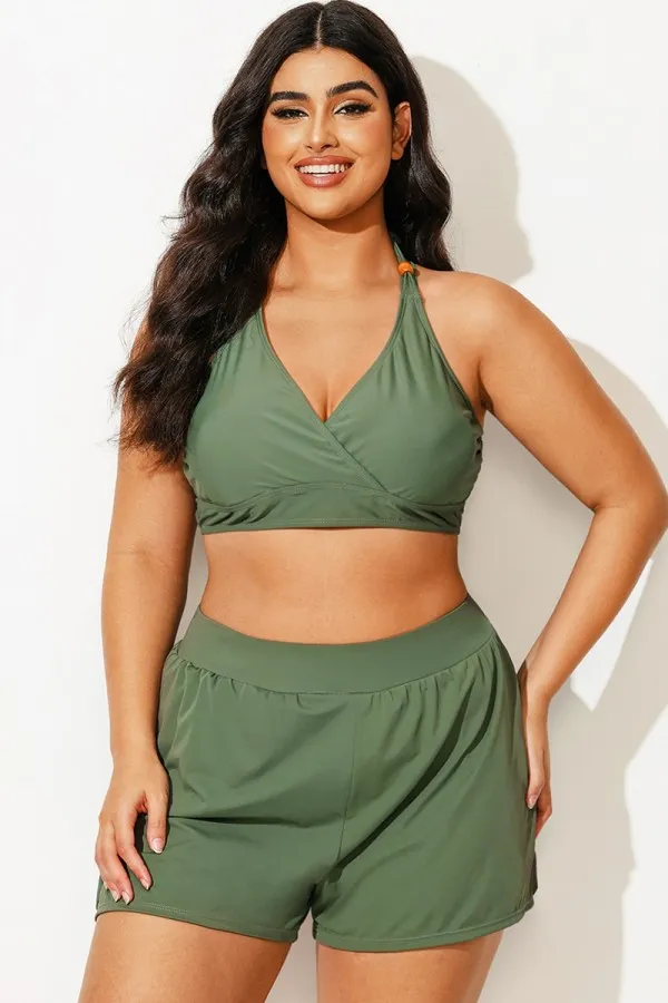 Plus Size Green V-Neck Crossback Bikini Top