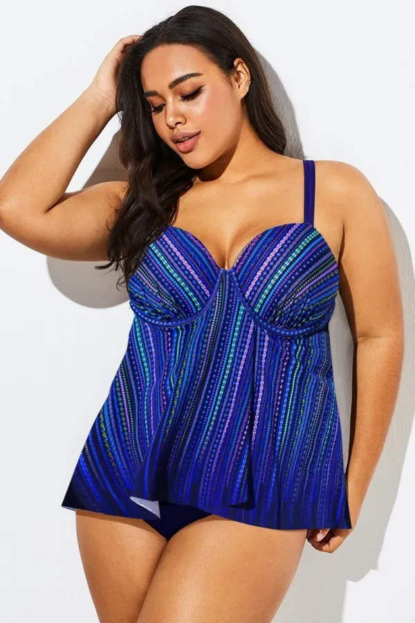Blue Striped Flowy Sweetheart Neckline Underwire Tankini Top