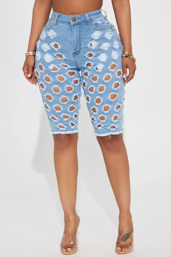 Vidia Stretch Ripped Denim Bermuda Shorts - Light Wash