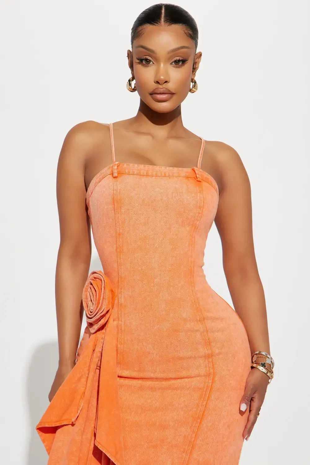 Rita Rosette Denim Midi Dress - Orange