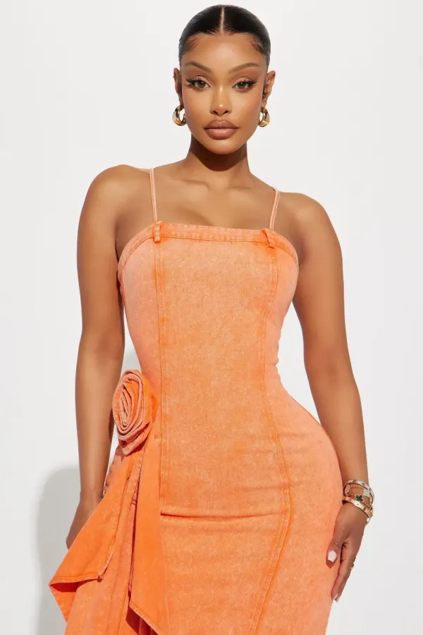 Rita Rosette Denim Midi Dress - Orange
