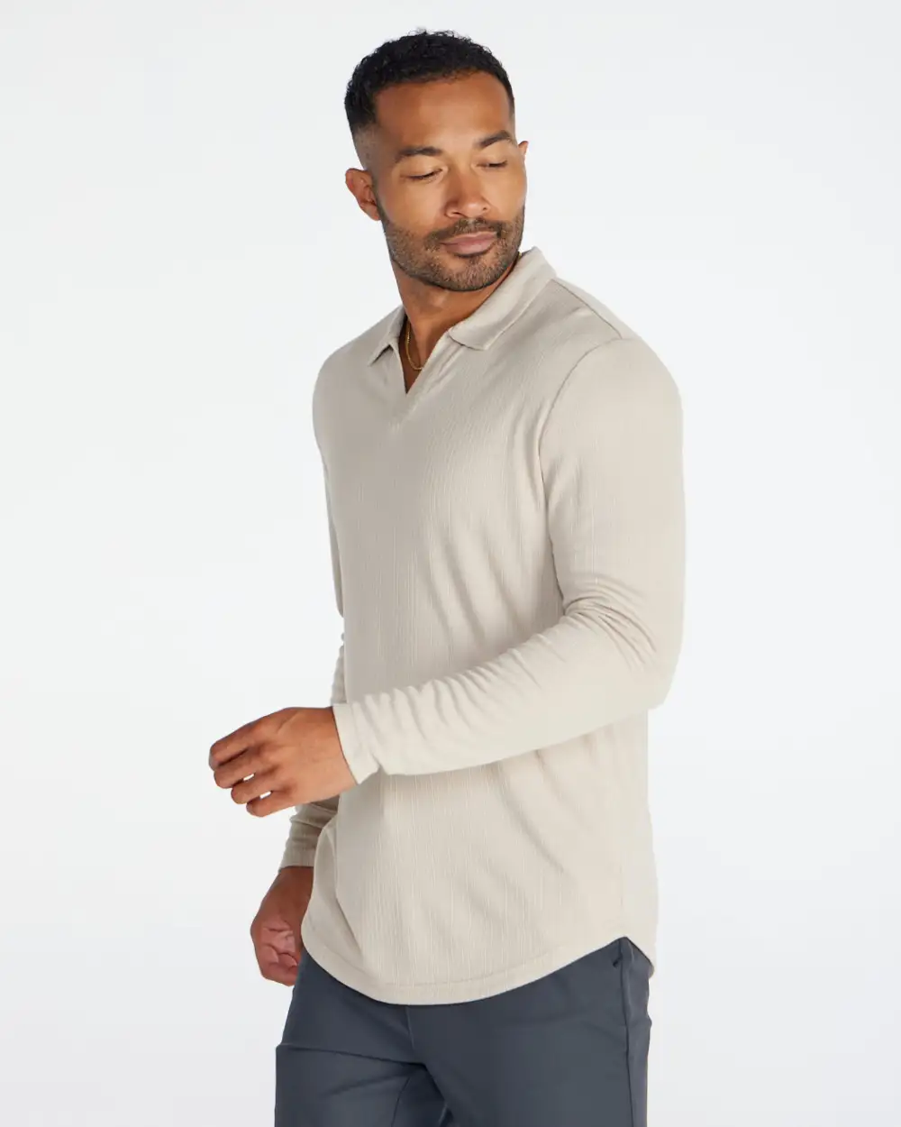 Ribbed Long Sleeve Open V Polo