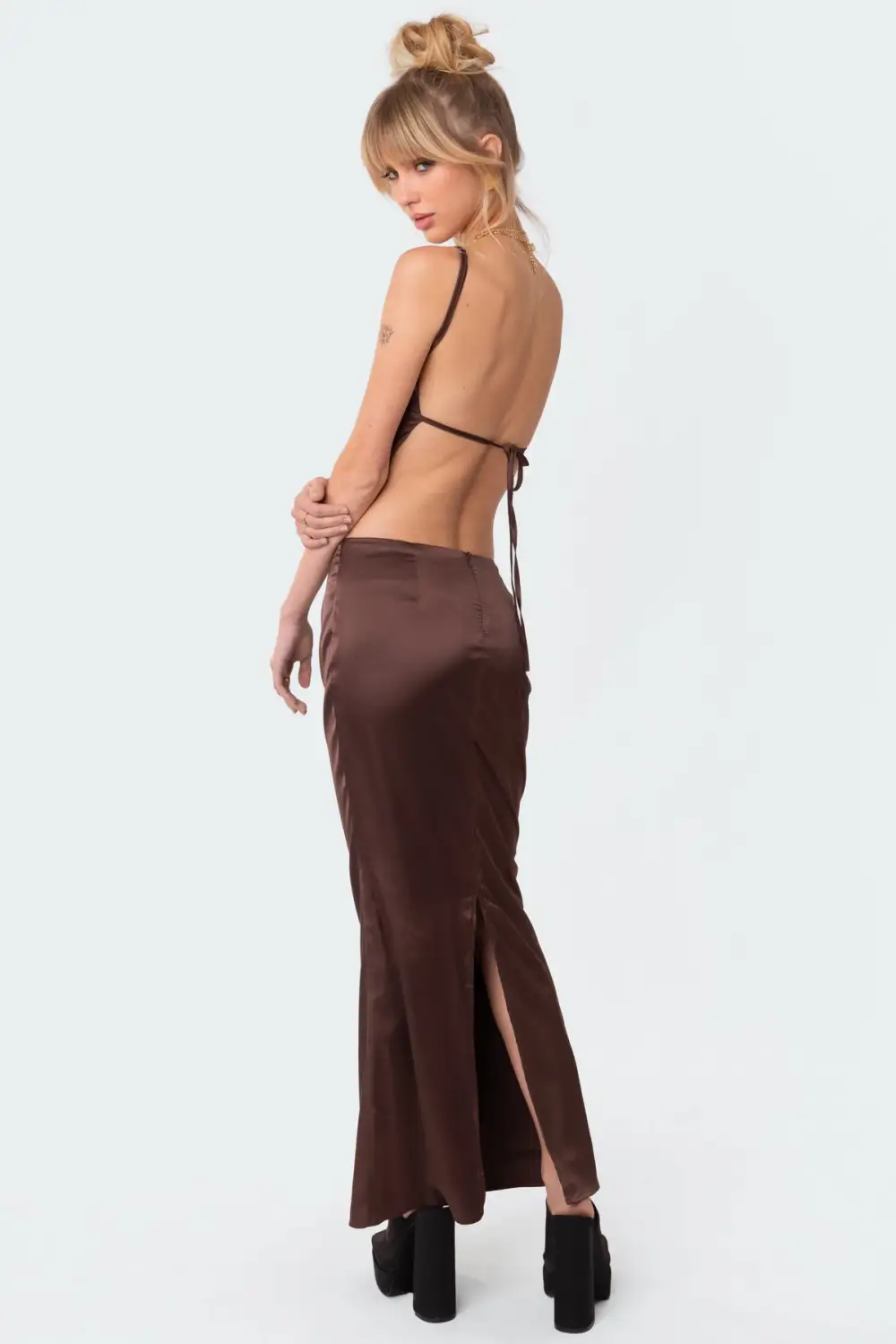Satin Low Rise Back Slit Maxi Skirt