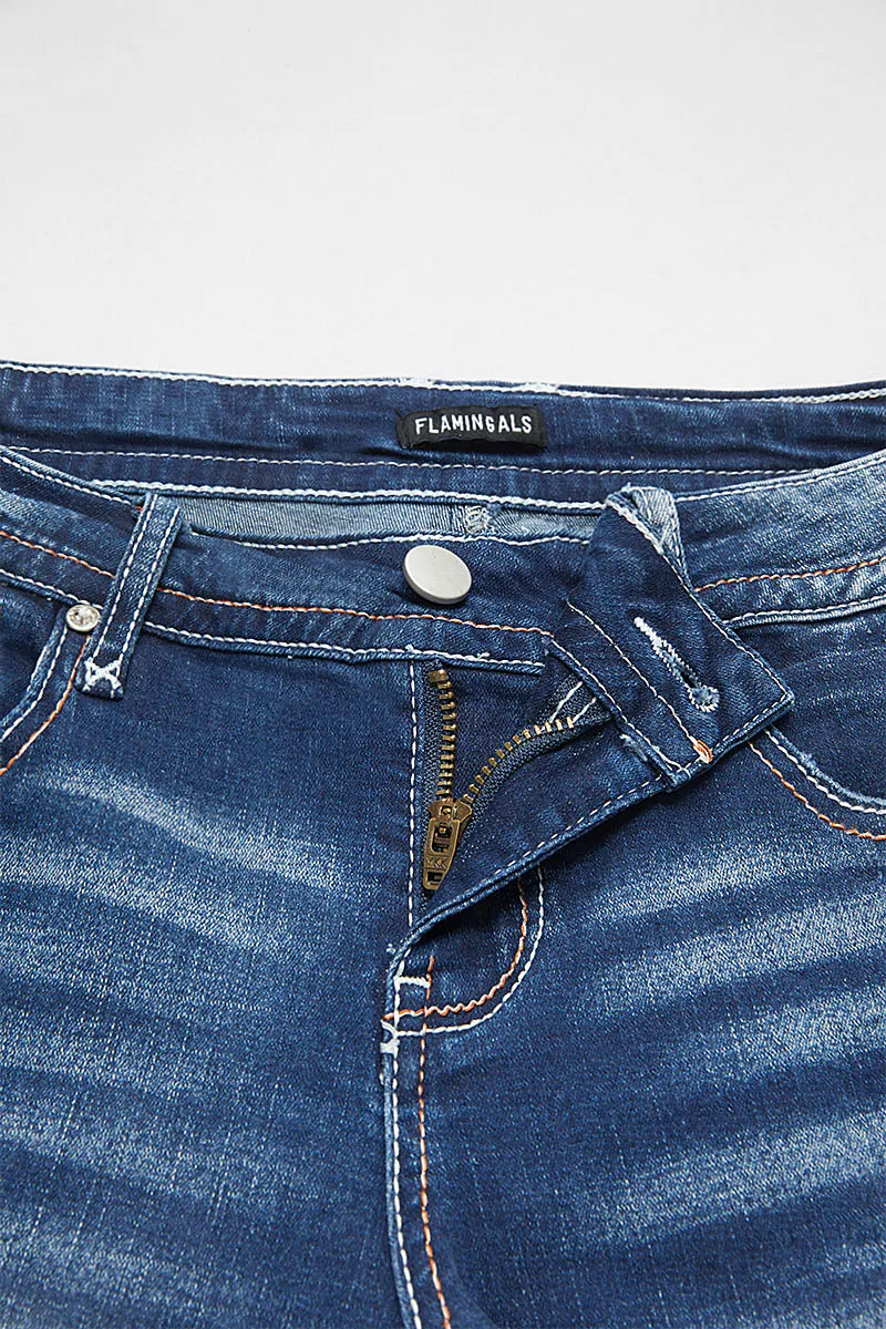 Ripped Roll Hem Low Waist Denim Mid Thigh Shorts
