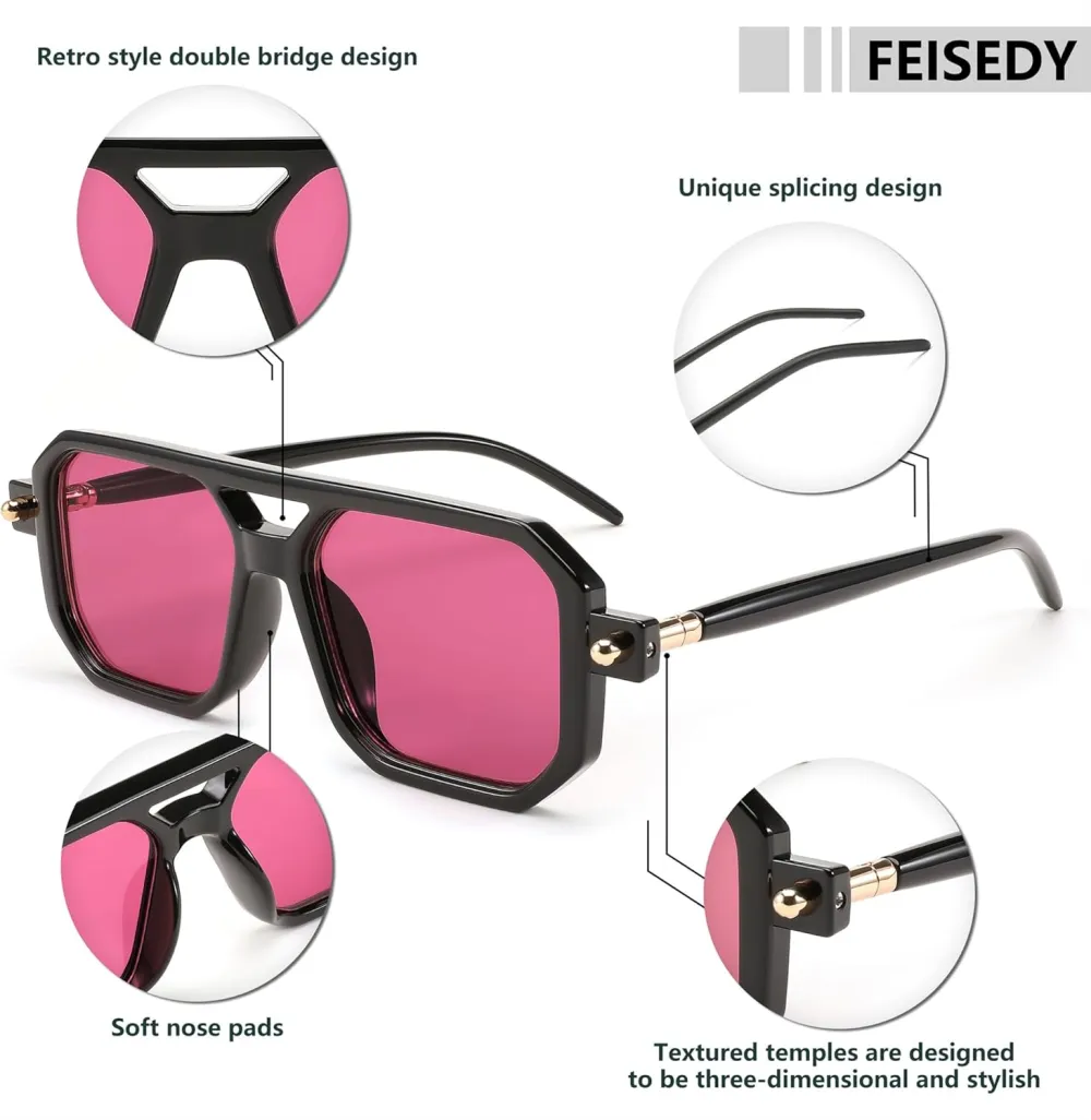 FEISEDY Vintage Square 70s Flat Aviator Sunglasses Women Men Classic Retro Stylish Frame UV400 Sunglasses B2622
