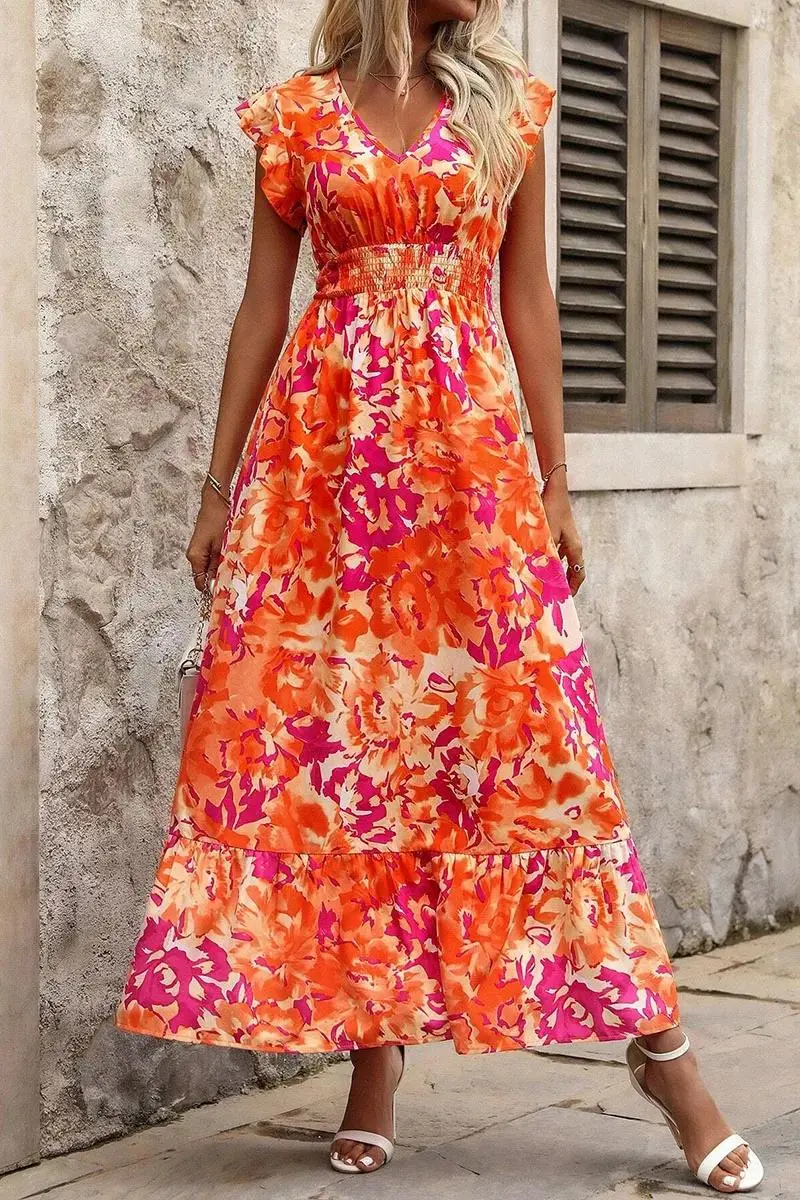 Floral Print Smocked Ruffle Sleeve V Neck Maxi Dress