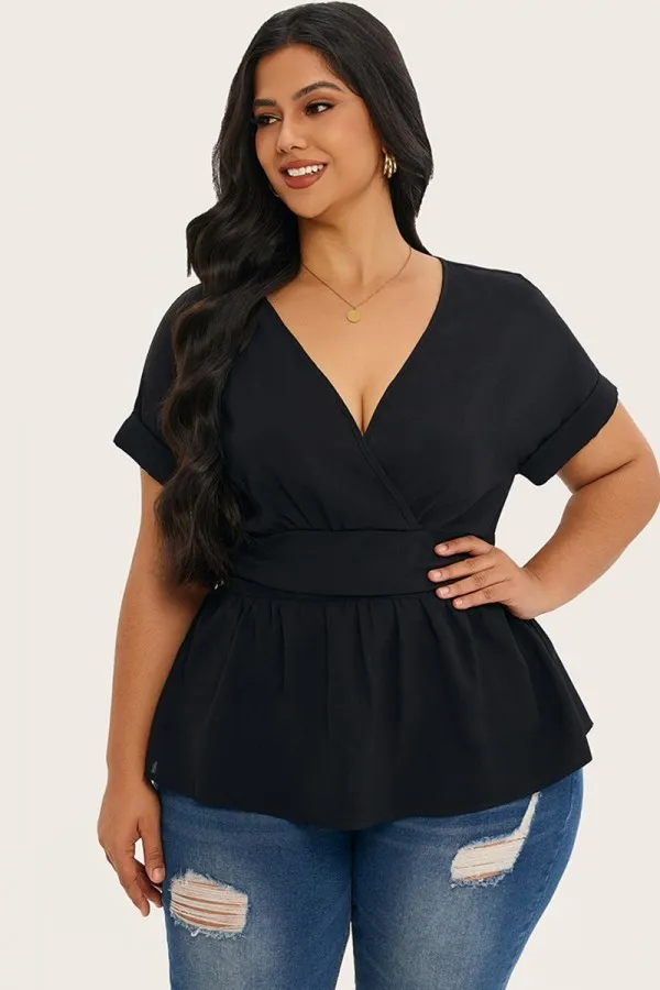 Solid Color Batwing Sleeve Cinched Waist Blouse