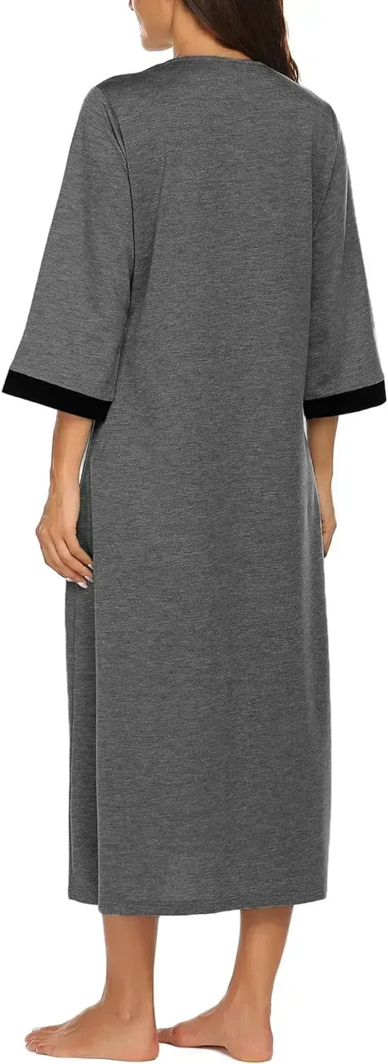 Women Zipper Robe 3/4 Sleeves Loungewear Dress Full Length Sleepwear Pockets Housecoat Nightgown Long Bathrobe