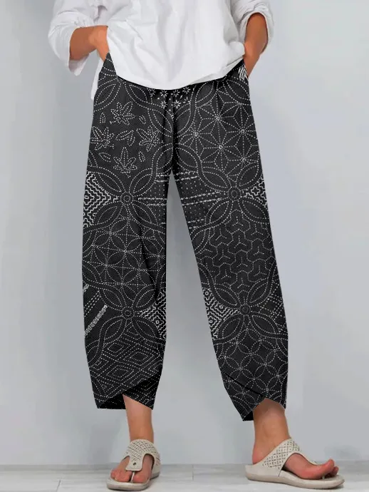 Vintage Japanese Sashiko Art Cropped Casual Pants