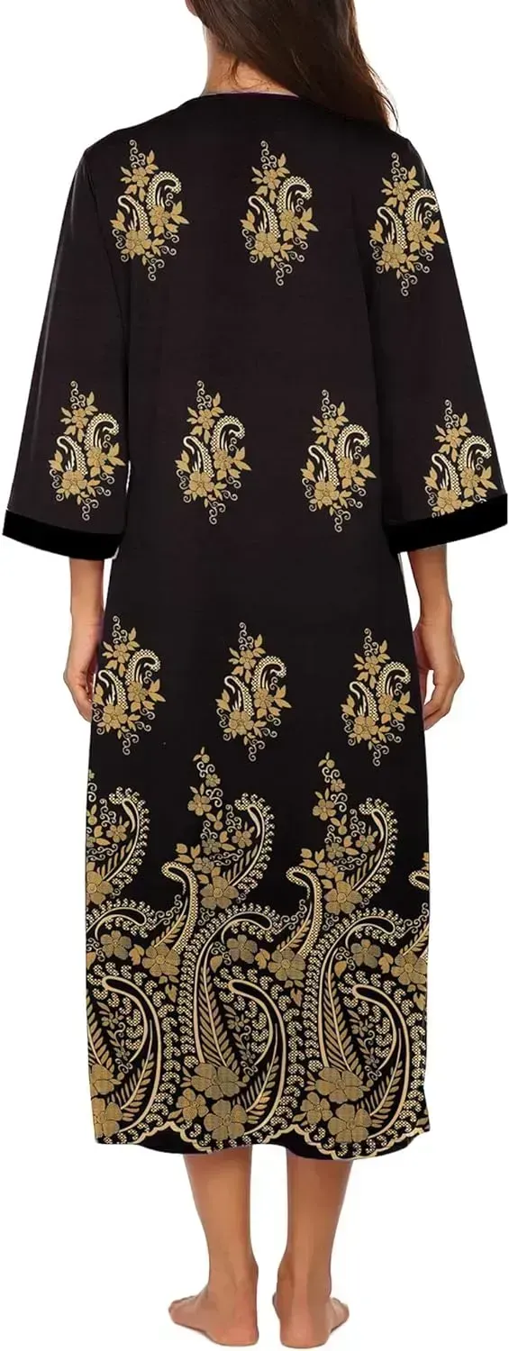 Women Zipper Robe 3/4 Sleeves Loungewear Dress Full Length Sleepwear Pockets Housecoat Nightgown Long Bathrobe