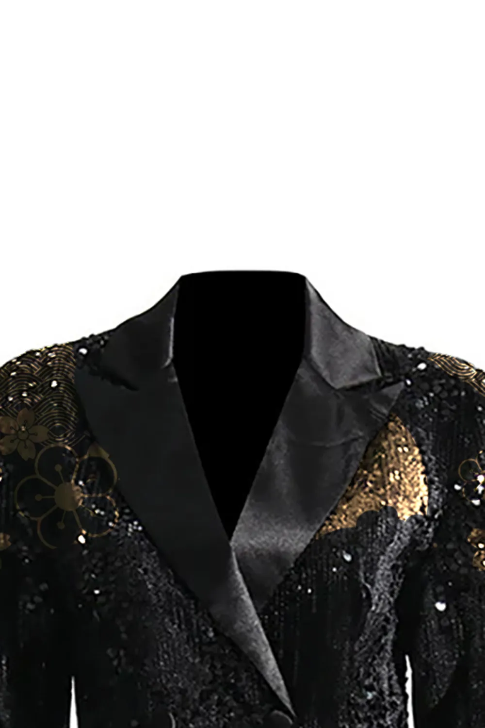 Silky Satin Lapel Feather Trim Long Sleeve Cinch Waist Sequin Party Blazer