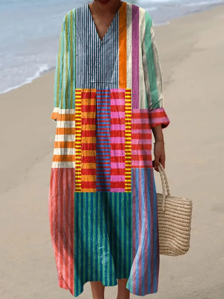 Women's Vintage Geometric Line Art Cozy Cotton Dress