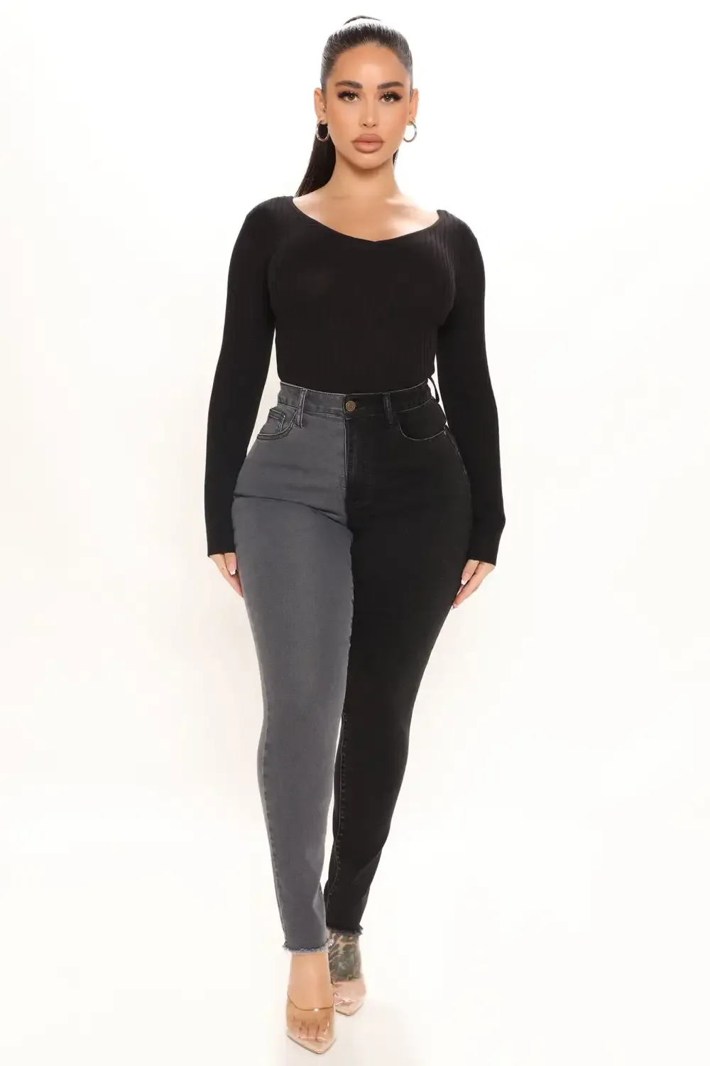 Half And Half Contrast High Rise Skinny Jeans - Black/Grey