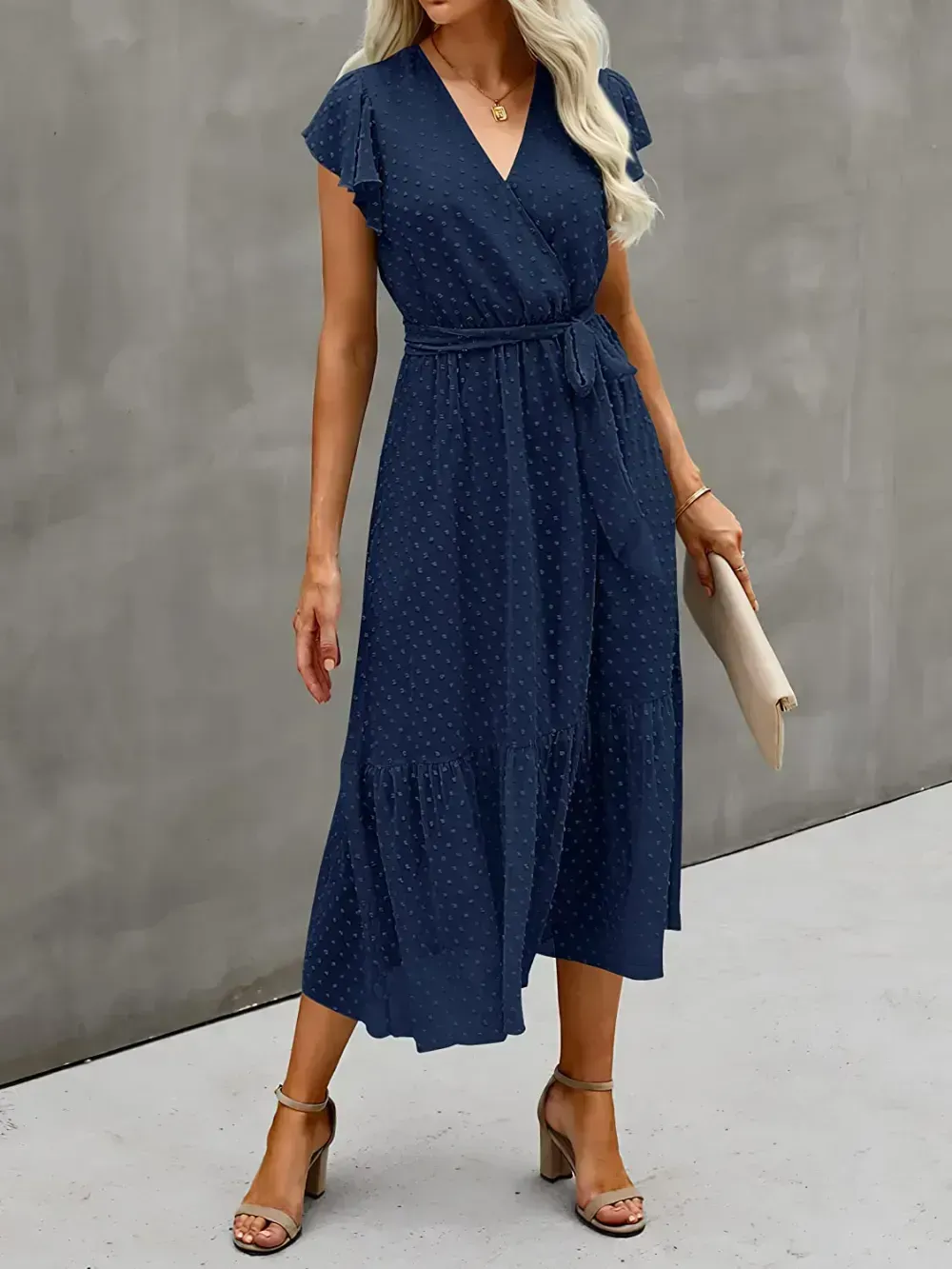 Women Summer Bohemian Floral Casual Wrap V Neck Ruffle Cap Sleeveless Belt A-Line Pleated Hem Swing Midi Sun Dress