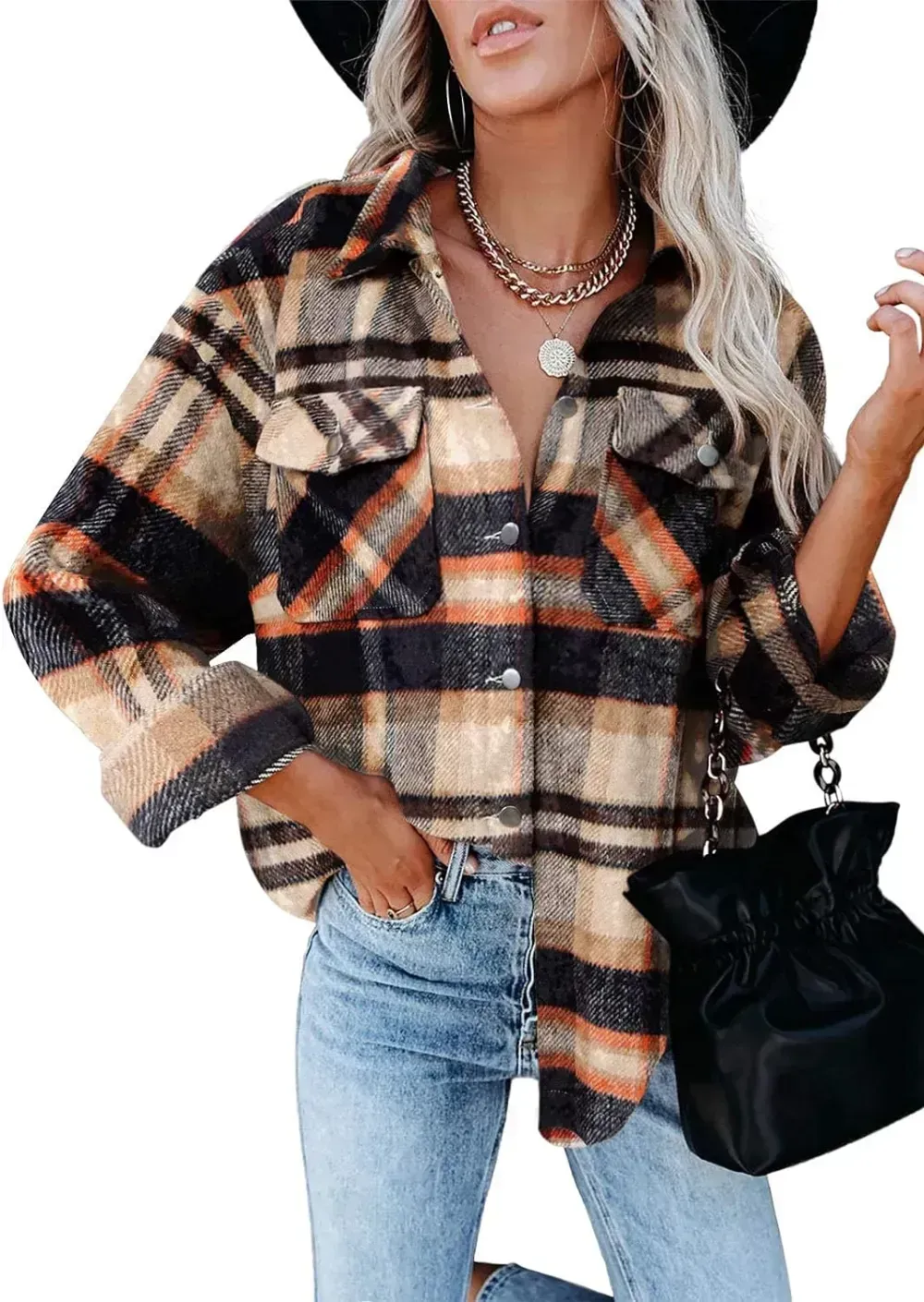 Womens Casual Plaid Shacket Button Down Long Sleeve Shirt