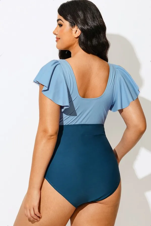 Blue Tone Gathered Ruffle Sleeve One Piece Swimsuit