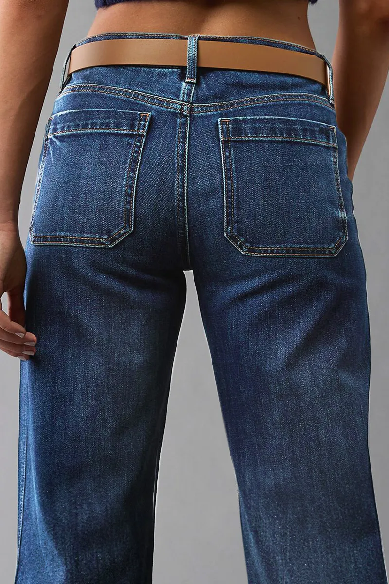 Wash Stitch Detail Mid Waist Wide Leg Jeans Without Belt