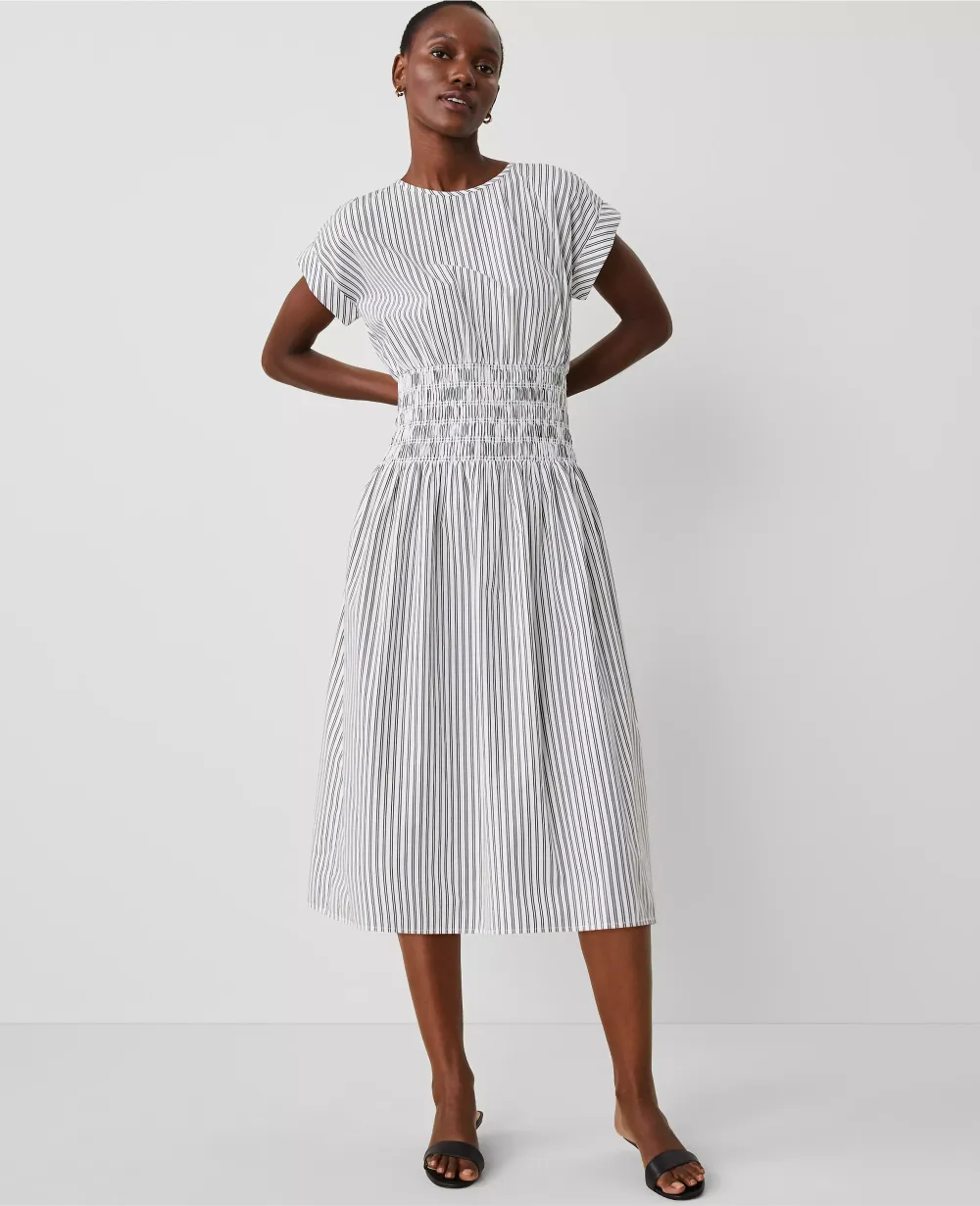 Striped Smocked-Waist Midi Flare Dress