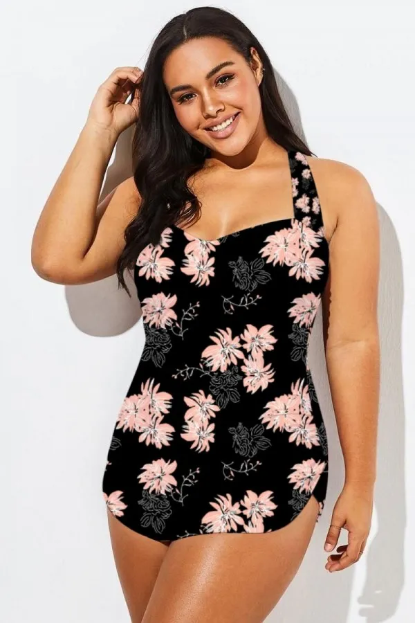 Floral Print H-Back Sarong Front One Piece Swimsuit
