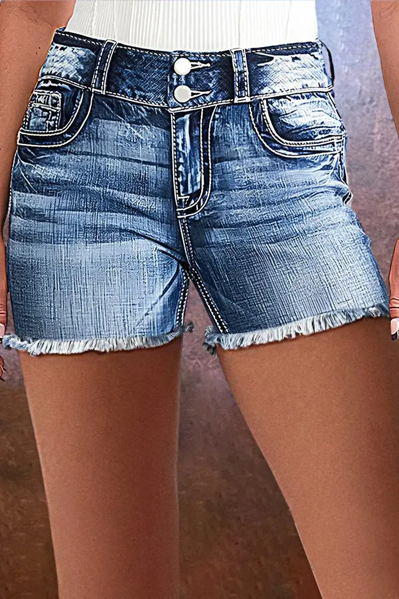 Embroidery Detail Raw Hem High Waist Denim Shorts