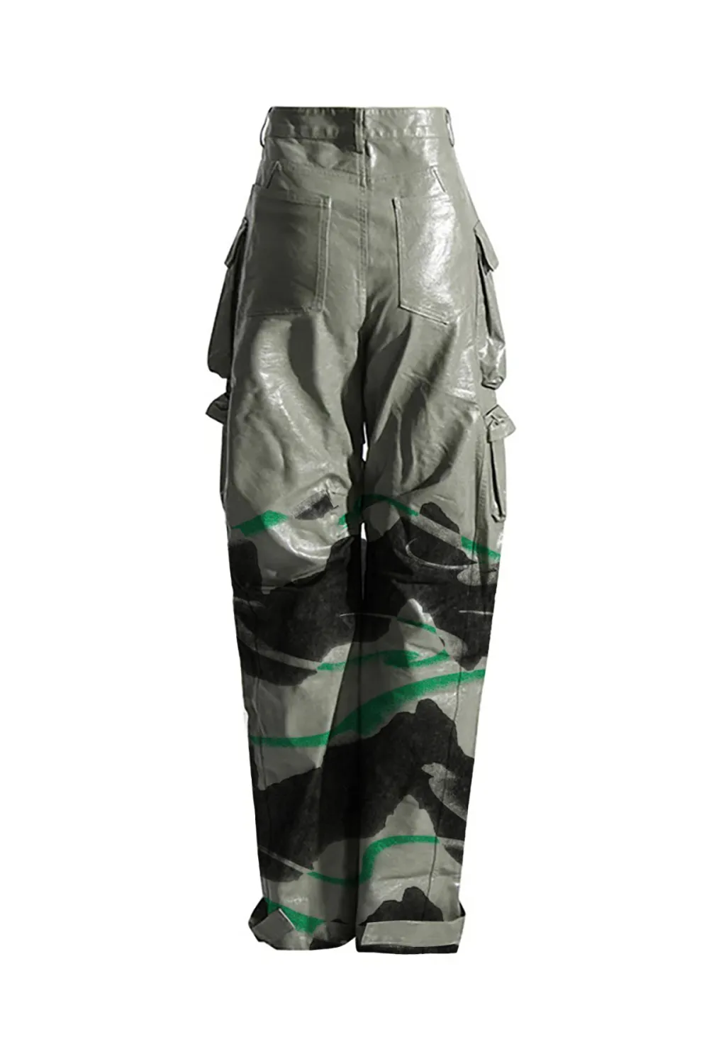 Glossy Mid Rise Wide Leg Cargo Pocket Full Length Draped Leather Pants