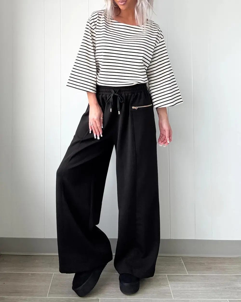 Crew Neck Striped Top - Black/Ivory