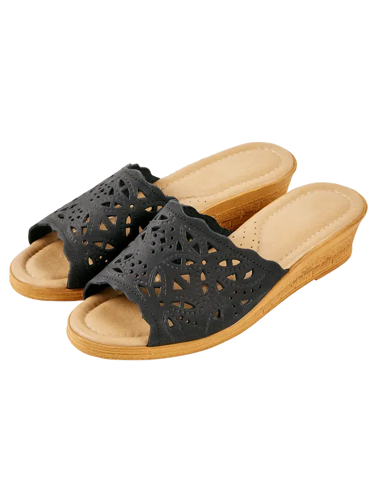 Women's Leather Cutwork Wedge Slide Sandals