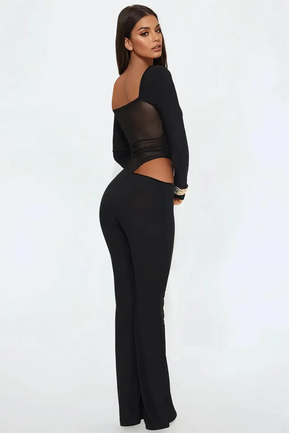 Striya Sheer Long Sleeve Cut Out Jumpsuit - Black