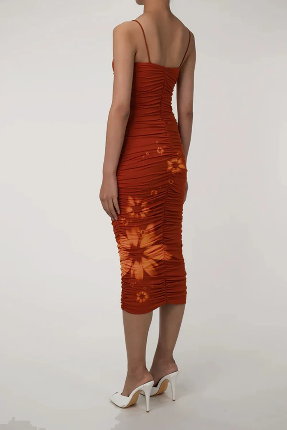 Sweetheart Neck Ruched Midi Cocktail Party Dress - Rust