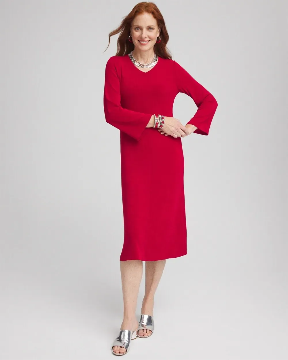 TravelersTM High V-Neck Bell Sleeve Dress