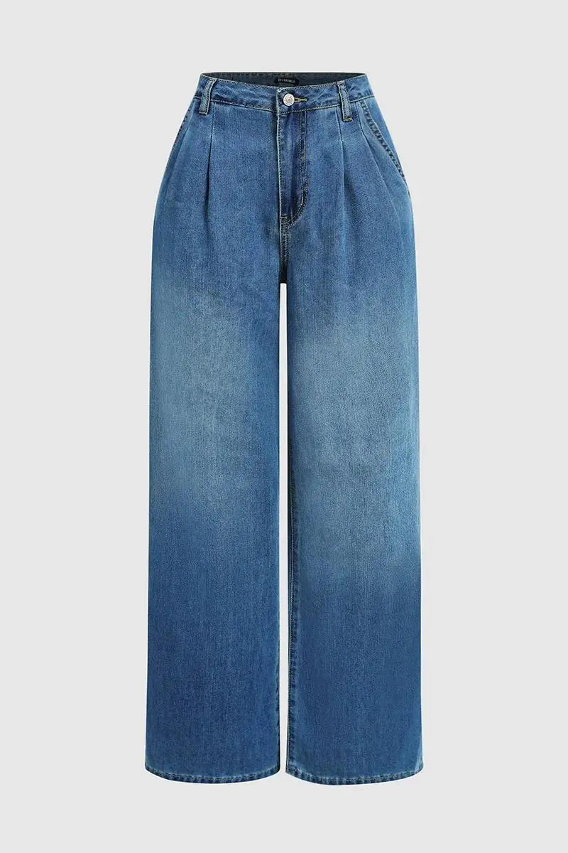 Wash Pleated Detail Wide Leg High Rise Jeans