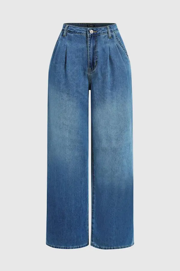 Wash Pleated Detail Wide Leg High Rise Jeans